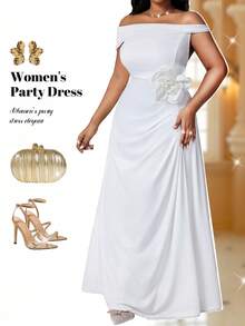 Fleurora 春夏秋冬白色编织露肩蝙蝠袖撞色网眼 3D 玫瑰加大码纯色休闲连衣裙，适合夏季巡航装女装 - 白色 - 查看 1