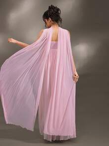 Cheriluna Maternity 优雅荷叶边细节纯色露肩无袖孕妇装，适合迎婴派对和圣诞派对 - 淺粉色 - 查看 2