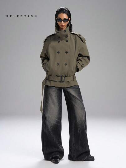 LYSMO 2025 精选新款简约女士纯色插肩袖双排扣休闲宽松风衣，秋季圣诞女士《圣诞夜惊魂》豹纹乡村音乐会秋季女士风衣，女士冬季外套绿色防风衣