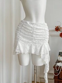 SHEIN Unity 女式新款性感蕾丝不对称荷叶边下摆 A 字迷你裙，迷人迷人