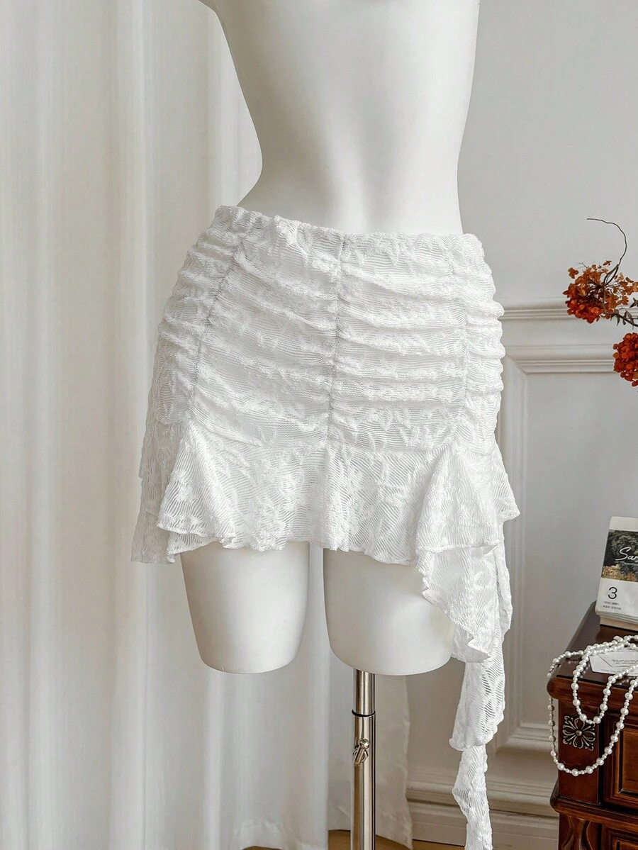 SHEIN Unity 女式新款性感蕾丝不对称荷叶边下摆 A 字迷你裙，迷人迷人