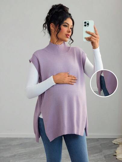 SHEIN Maternity Casual Solid Color Turtleneck Sleeveless Sweater Vest, Autumn/Winter