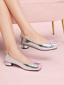CUCCOO DOLLMOD Women's Silver Square Toe Cute Retro Classic Commute Date Party Low Vamp Cylindrical Heel Low Heel Pumps - Silver - View 1