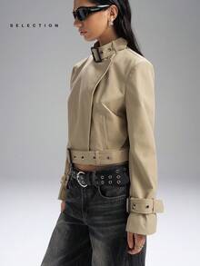 LYSMO 女式纯色长袖纽扣立领短款休闲风衣，秋季 - 杏色 - 查看 8