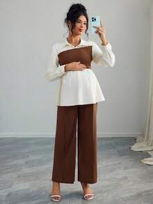 Momance 2pcs Maternity Set - Solid Color Button Decor Long Sleeve Top And Pants - Brown - View 7