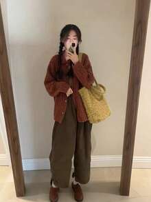 Joivida 1 pieza Bolso de tela de estilo retro clásico, bolso de hombro de unicolor de material de lana mostaza, estilo perezoso y casual, adecuado para viajes y fotografía, de gran capacidad - Multicolor - Ver 6