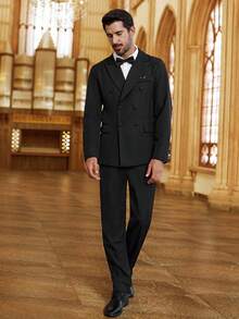 Manfinity Bizformal 男士商务双排扣黑色通勤西装外套和裤子套装 - 黑色 - 查看 3