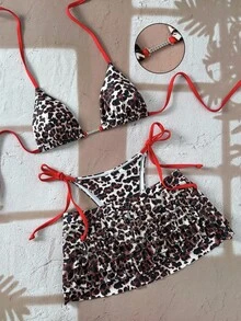 Swim Vcay Women's Ruffled Diamond Chain Decor Halter Tie Sexy Leopard Print Bikini 3-Piece Set, Spring/Summer Beach Vacation