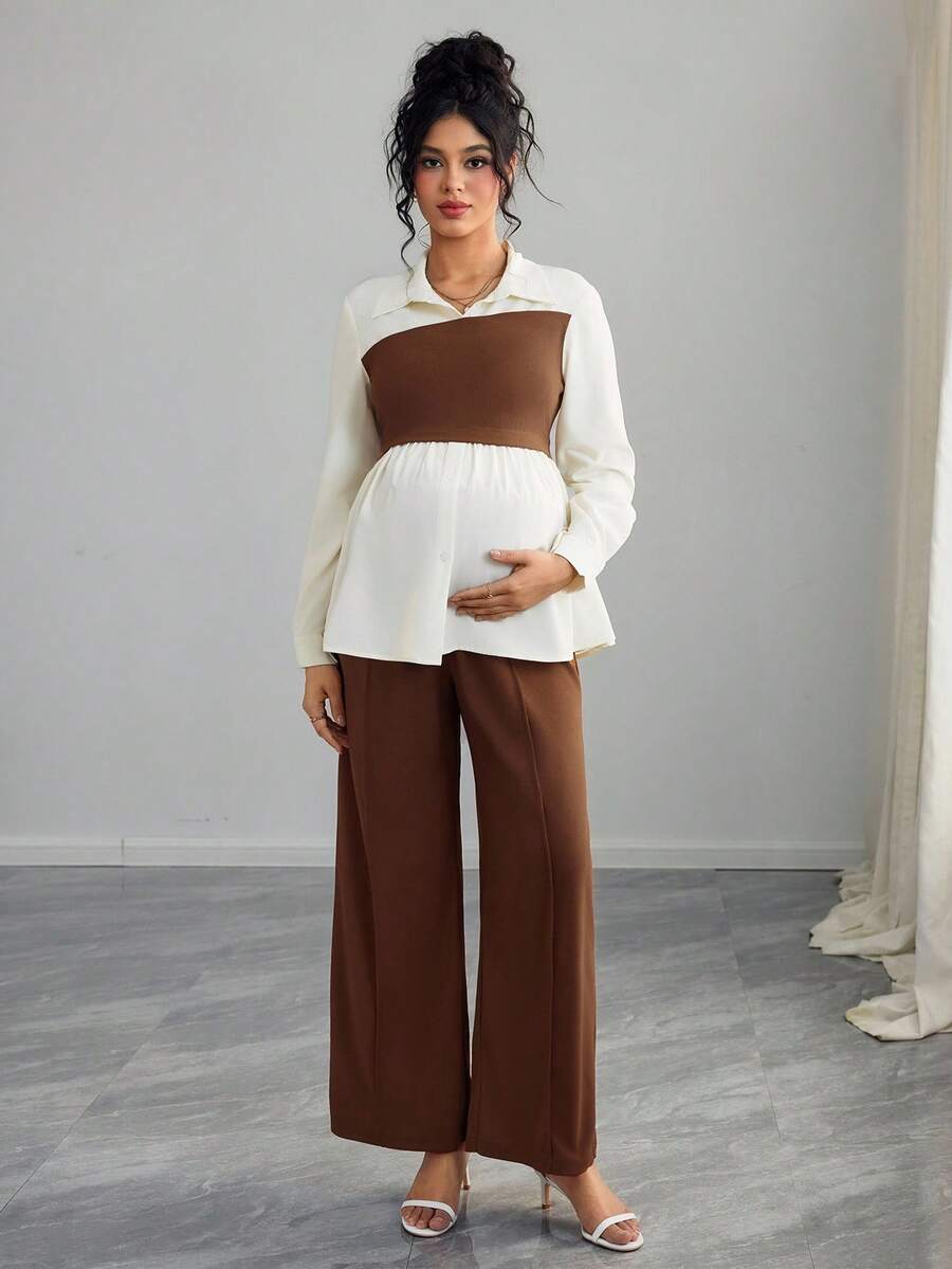 Momance 2pcs Maternity Set - Solid Color Button Decor Long Sleeve Top And Pants - Brown - View 1