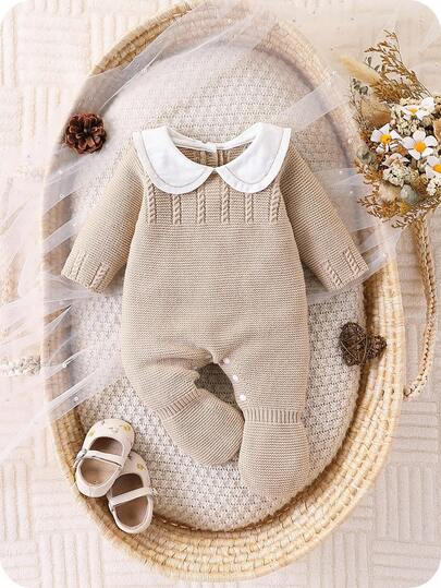 SHEIN 女婴时尚可爱百搭彼得潘领二合一毛衣、爬行服、针织连体裤，适合秋冬派对和户外