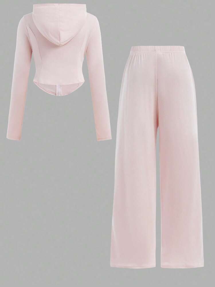 SHEIN Tween Girls 2pcs Solid Pink Drawstring Hoodie Top And Wide Leg Pants Set, Casual For Spring/Autumn, Daily Wear, Tween Girls Light Pink Outfit, Spring Autumn Tween Girls Pants Set, Winter Girls Clothes, Mommy And Me Matching Outfit, Chic Autumn, Chic Autumn Mother Daughter Outfits Fall Girls Long Sleeve Tracksuit Pink Loungewear Set - Pink - View 3
