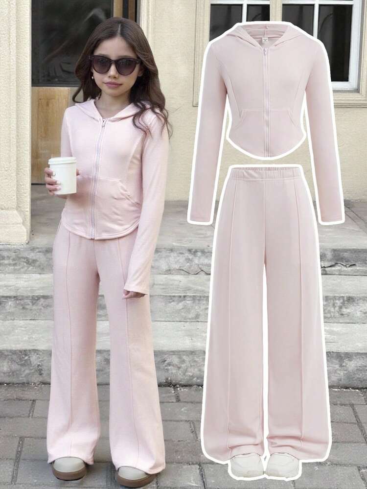SHEIN Tween Girls 2pcs Solid Pink Drawstring Hoodie Top And Wide Leg Pants Set, Casual For Spring/Autumn, Daily Wear, Tween Girls Light Pink Outfit, Spring Autumn Tween Girls Pants Set, Winter Girls Clothes, Mommy And Me Matching Outfit, Chic Autumn, Chic Autumn Mother Daughter Outfits Fall Girls Long Sleeve Tracksuit Pink Loungewear Set - Pink - View 1