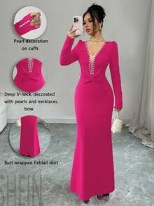 Elenzga Vestido elegante y romántico de mujer con cuello en V, cintura con lazo y corte evasé, con decoración de perlas, adecuado para ocasiones formales