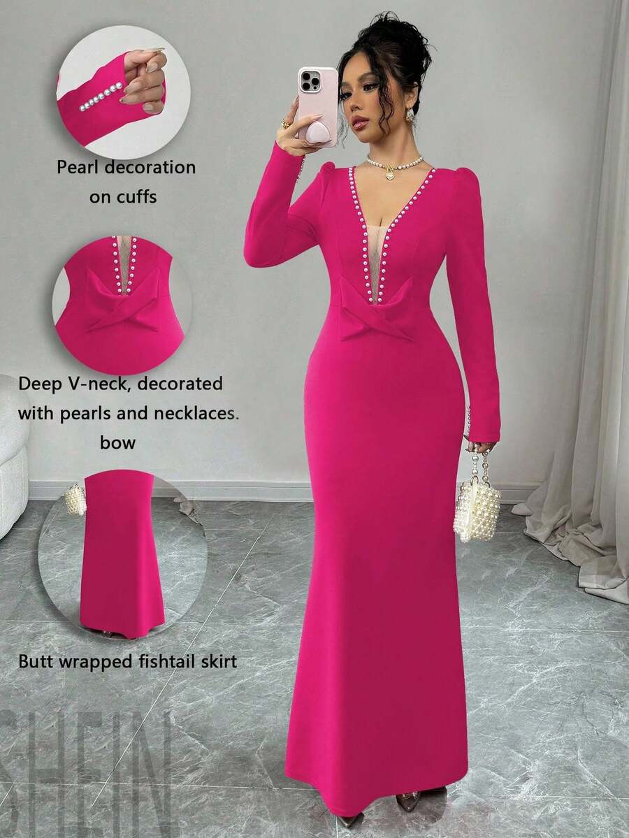 Elenzga Vestido elegante y romántico de mujer con cuello en V, cintura con lazo y corte evasé, con decoración de perlas, adecuado para ocasiones formales