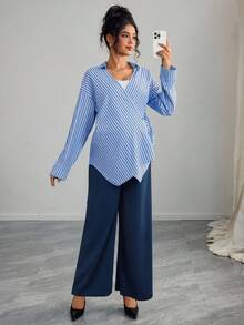 SHEIN 2pcs Maternity Striped Top And Straight Leg Pants Set, Casual & Versatile - Blue - View 5
