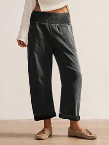Bohemela 女士休闲纯色梭织宽松低腰裤，秋冬波西米亚风格 - 黑色 - 查看 3