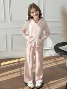 SHEIN 青少年女孩 2 件纯粉色抽绳连帽衫和阔腿裤套装，适合春秋季休闲装和日常穿着 - 粉色 - 查看 4