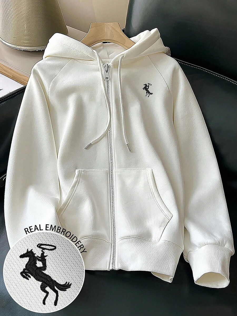 Franclia Embroidered Commuter Style Zip-Up Hooded Sweatshirt, Gift For Friends - Black - View 1