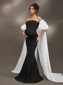 Cheriluna Maternity Long Strapless Ruffle Mesh Fitted Maternity Photoshoot Dress