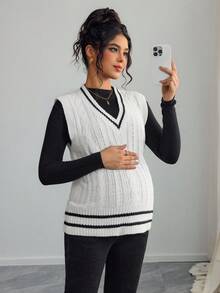 SHEIN Maternity V-Neck Twist Cable Contrast Trim Casual Sleeveless Sweater Vest