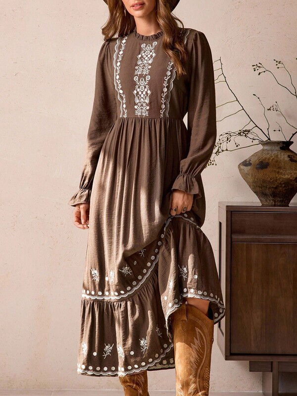 LanaWest Vestido maxi vintage casual bohemio y occidental para mujer con cuello redondo, manga larga, cintura alta, falda acampanada con volantes y bordado en el bajo ondulado, color marrón, para otoño/invierno