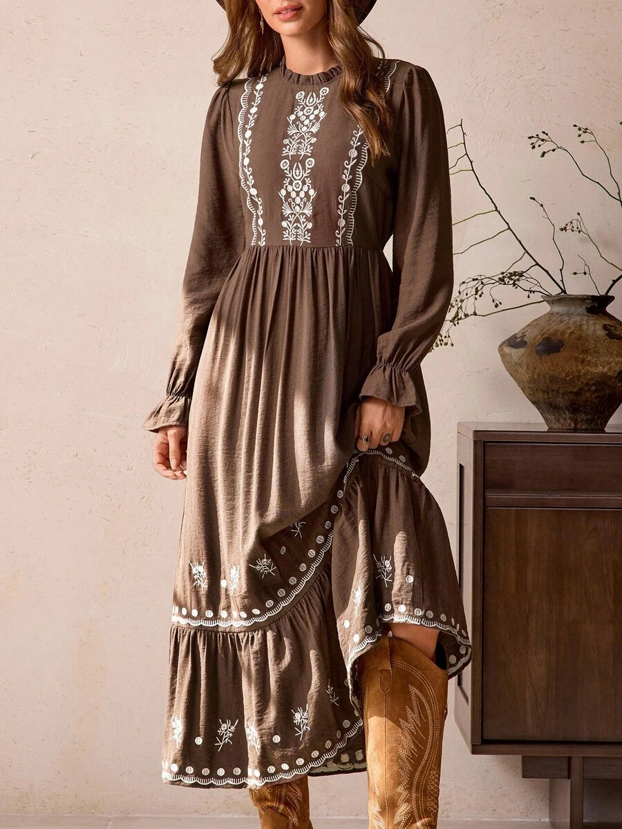 LanaWest 女式新款棕色圆领荷叶边长袖高腰喇叭形 A 字刺绣波浪下摆长款复古休闲波西米亚西部连衣裙，秋冬 - 咖啡棕 - 查看 1