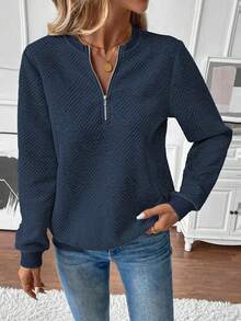 EMERY ROSE Sudadera de mujer para otoño, cuello en pico, manga larga, manga raglán, empalme acanalado, decoración con cremallera, tela texturizada - Azul Marino - Ver 4