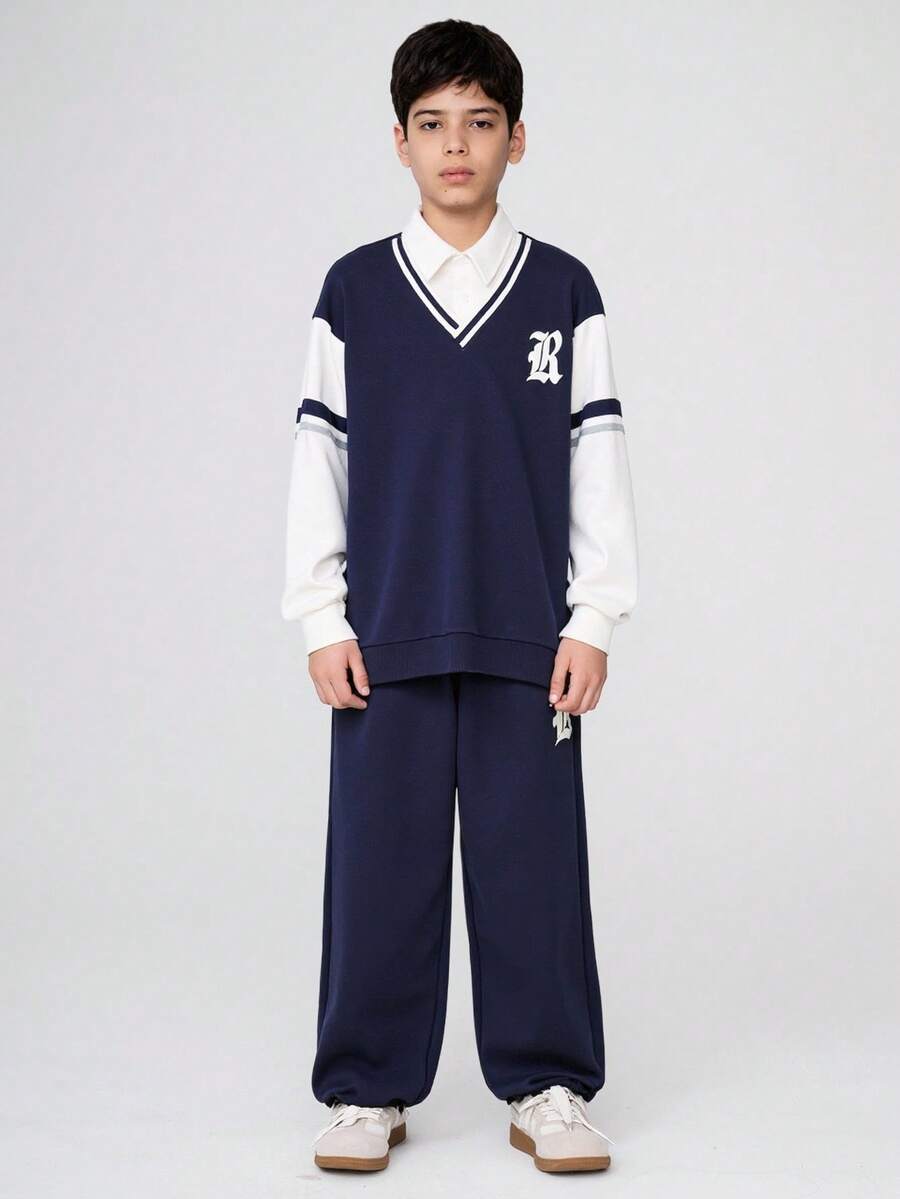 SHEIN Explorewe 2 件套仿 Polo 领长袖 V 领字母印花运动衫夹克和休闲长裤套装 - 藏蓝色 - 查看 1