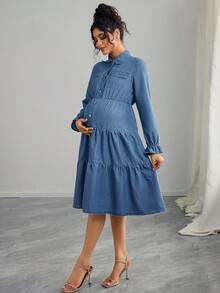 SHEIN Maternity Casual Front Button Ruffle Hem Long Sleeve Denim Dress, Autumn
