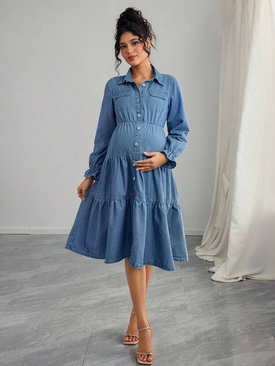 SHEIN Maternity Casual Front Button Ruffle Hem Long Sleeve Denim Dress, Autumn