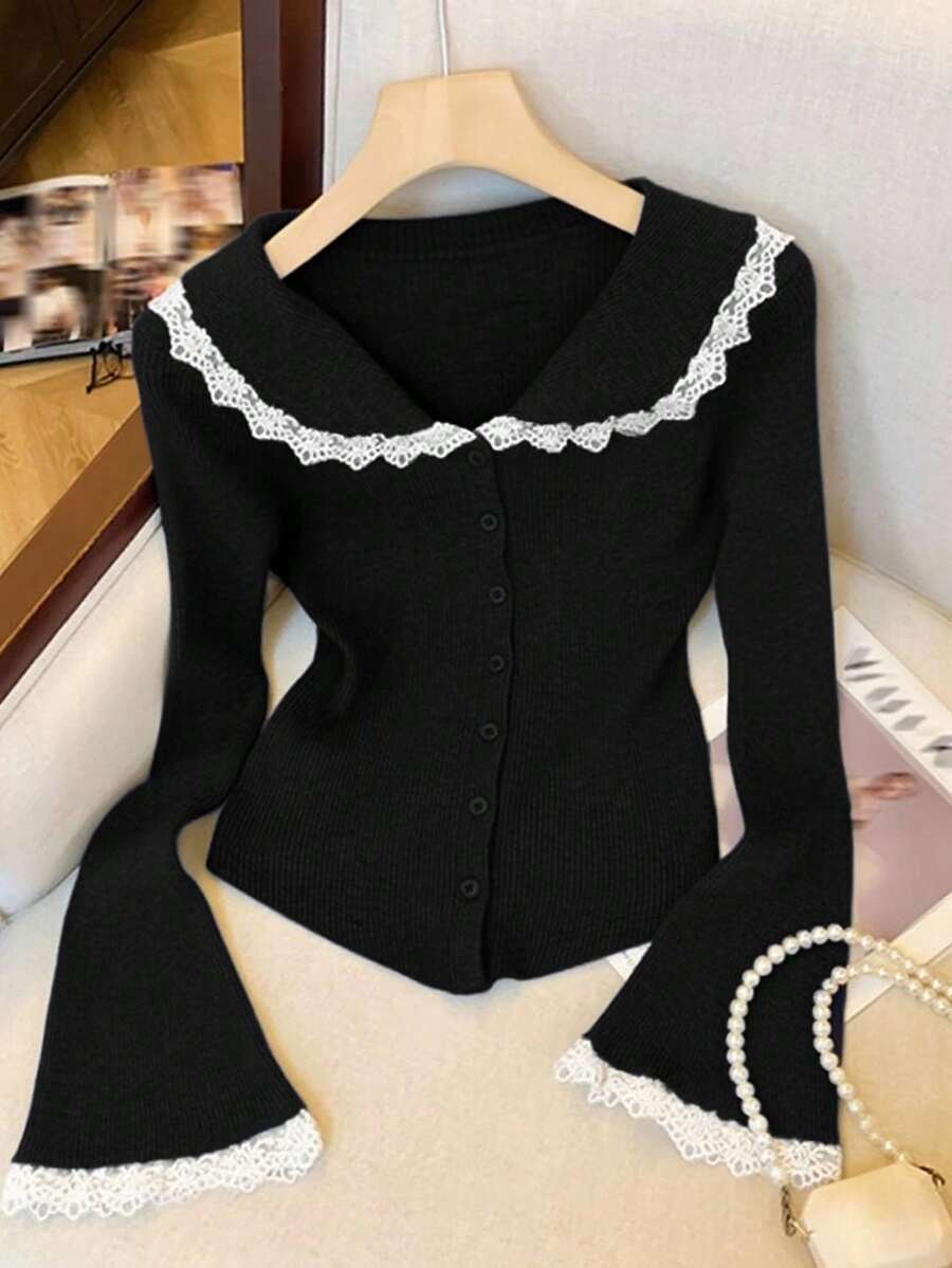 Airaco 女士时尚休闲浪漫优雅蕾丝拼布长袖纽扣针织毛衣 - 黑色 - 查看 1