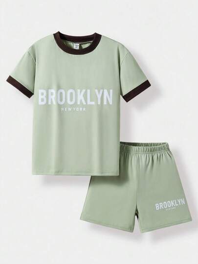 SHEIN Explorewe 2pcs/Set Girls Casual School Outfit, Comfortable Minimalist Cartoon English Print Colorblock Half-Turtleneck Short Sleeve T-Shirt And Sports Shorts Set, Suitable For Summer Daily Wear