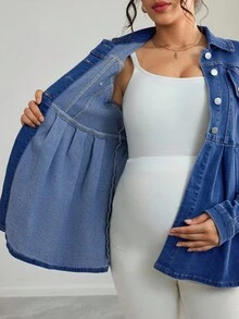 SHEIN Maternity Solid Color Button Front Pleated Casual Long Sleeve Denim Jacket