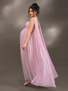 Cheriluna Maternity 优雅荷叶边细节纯色露肩无袖孕妇装，适合迎婴派对和圣诞派对 - 淺粉色 - 查看 8