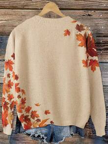 Linhara Plus Size Maple Leaf Pattern Crew Neck Casual Long Sleeve Pullover Sweater Fall Winter - Apricot - View 2