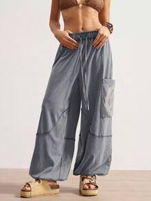 Bohemela 波西米亚风休闲度假风格和平标志刺绣纯色针织宽松抽绳女裤 - 灰色 - 查看 7