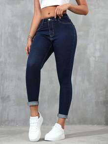 SHEIN ICON Plus Size Women's Classic Blue Denim Skinny Jeans Spring - Blue - View 3