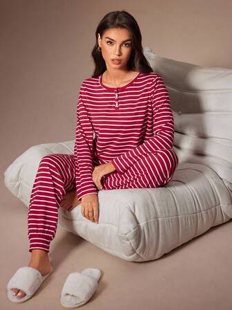 Lazeform Front Zip Up Casual Striped Print Long Sleeve Top & Pants Women Loungewear Set Burgundy Pajama Set Striped Pajama Set Red Pj Set Women, Cozy Outfit Fall Winter Clothes