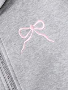 SHEIN 少女外套，纯色时尚蝴蝶结卫衣夹克，舒适加厚保暖内衬卫衣面料，袖口蝴蝶结装饰，青春活力风格，适合返校季或秋冬季日常户外穿着。 - 灰色 - 查看 5