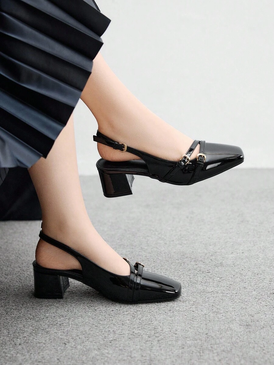 CUCCOO BIZCHIC Giày cao gót mũi vuông cổ điển hở gót cho nữ, màu đen, đa năng cho trang phục hàng ngày, đi làm, mua sắm, đi làm - màu đen - Xem 1