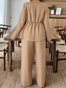 EMERY ROSE Conjunto de 2 piezas de camisa y pantalones de unicolor informal de talla grande - Caqui - Ver 2