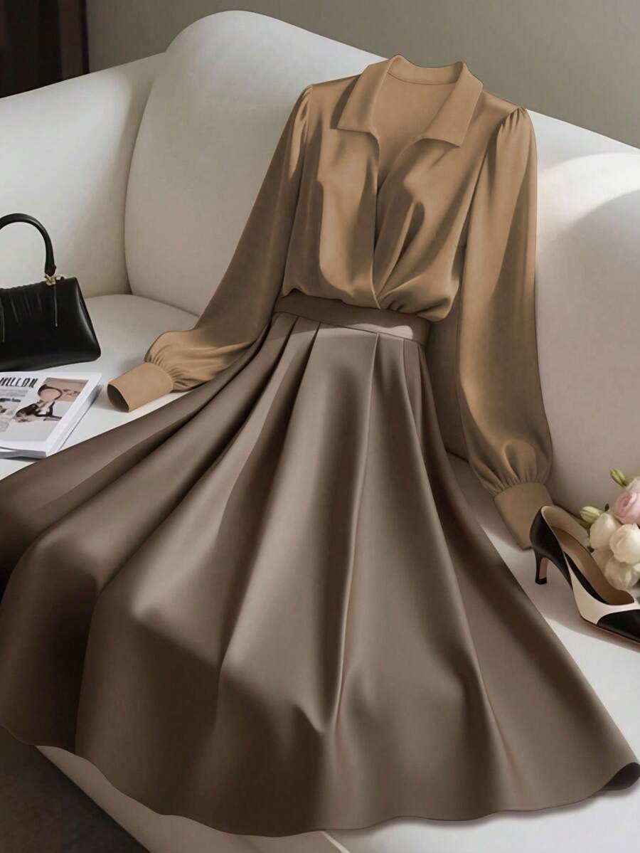 Franclia Elegant Fashion Shiny Fabric Top And Pleated Midi Skirt 2 Pieces Set, Suitable For Layering Or Standalone Wear, Autumn/Winter - Multicolor - View 1