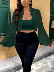 Elenzga Plus Size Women Elegant Lace Cropped Jacket, White