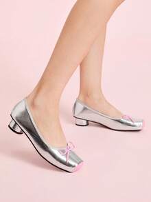 CUCCOO DOLLMOD Women's Silver Square Toe Cute Retro Classic Commute Date Party Low Vamp Cylindrical Heel Low Heel Pumps - Silver - View 3