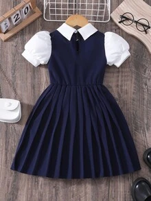 女童可爱学院风撞色蝴蝶结装饰徽章泡泡袖收腰褶皱二合一连衣裙 - 藏蓝色 - 查看 2