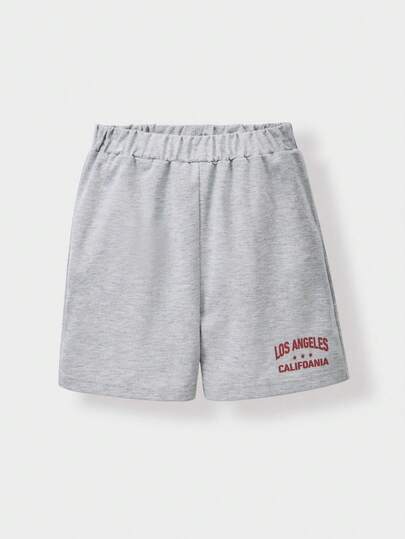 SHEIN Tween Girls Grey City Print Casual Fashionable Versatile Shorts, Suitable For Daily, School, Sports, Outdoor Activities