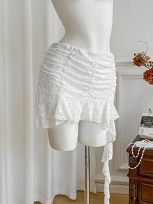 SHEIN Unity 女式新款性感蕾丝不对称荷叶边下摆 A 字迷你裙，迷人迷人