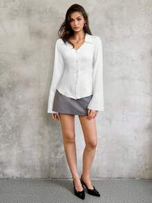 SHEIN Unity 女士前扣长袖条纹休闲衬衫，日常穿着 - 白色 - 查看 3