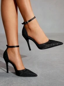 CUCCOO SZL Women's Pointed Toe High Heel Rhinestone Embellished Ankle Strap Pumps, Sexy Party Dress Shoes For Christmas Spring Shoes - Black - View 11
