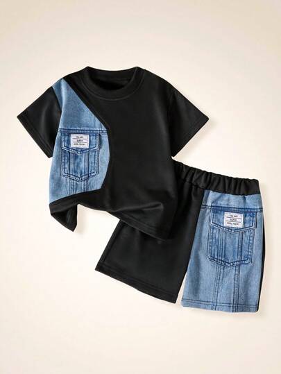 SHEIN 2pcs Toddler Boys Casual Chessboard Pattern Polo Shirt And Shorts Set, Retro College Style, Suitable For Spring & Summer Everyday Wear Summer Holiday